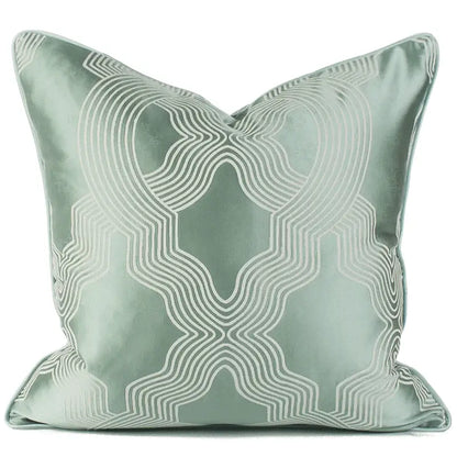 Square pillow cover in soft mint green satin with white geometric embroidery from decorbites asian landscape painting collection