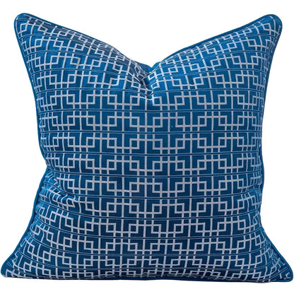 DecorBites Asian landscape jacquard blue velvet pillow cover with white geometric lattice pattern 45x45cm