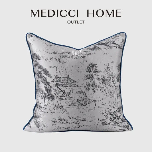 DecorBites asian landscape painting jacquard pillow cover with light gray fabric and navy blue piping edges 45x45cm