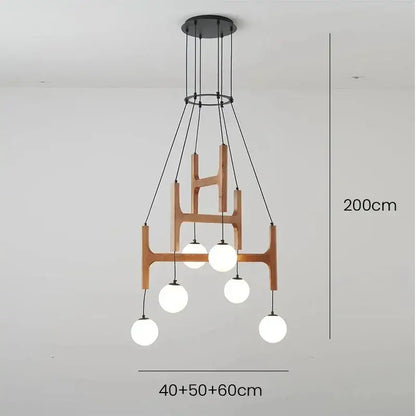 Modern wooden and black metal chandelier with five white glass bulbs from decorbites astra wood pendant collection