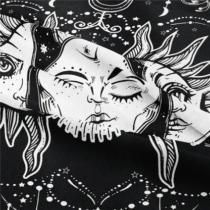 Black fabric scarf with white line-art celestial faces and stars, perfect for decorbites astrology chart tarot decor