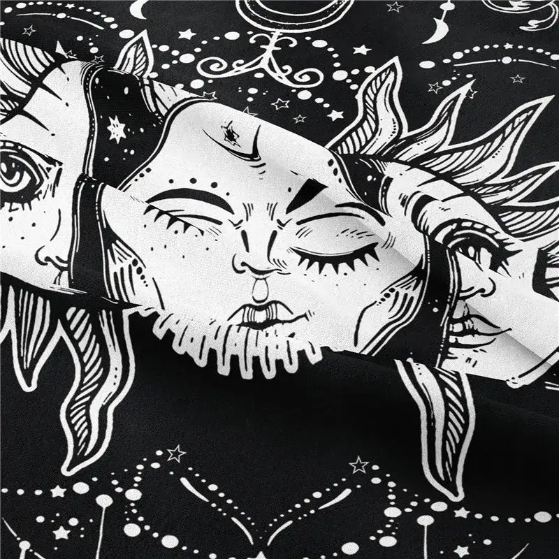 Black fabric scarf with white line-art celestial faces and stars, perfect for decorbites astrology chart tarot decor