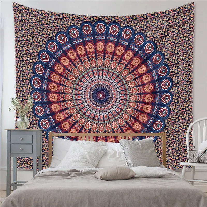 Decorbites astrology chart tarot tapestry wheel with vibrant paisley patterns in deep reds blues and gold for wall hanging