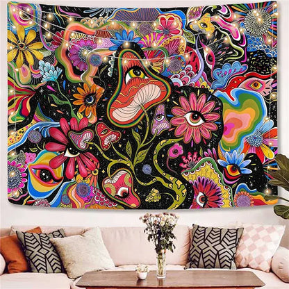 Vibrant decorbites astrology chart tarot tapestry with swirling flowers eyes and mushrooms in bold colors on black background