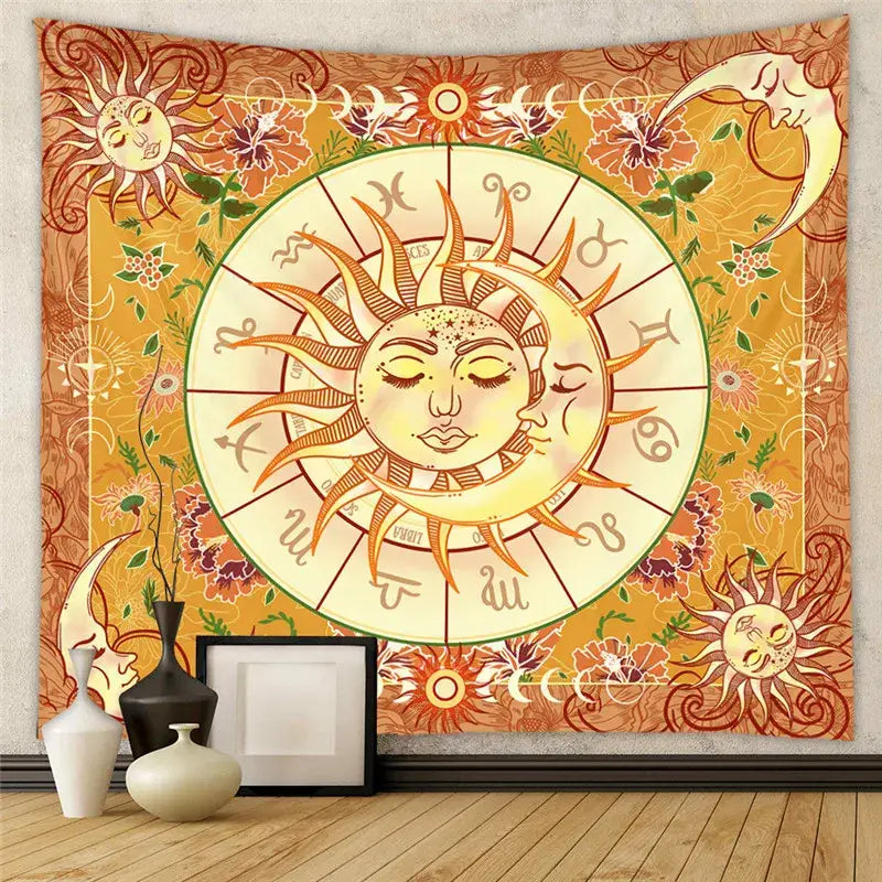 Vibrant orange and cream decorbites astrology chart tarot tapestry with central sun moon zodiac wheel and floral patterns