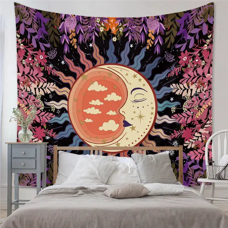 Decorbites astrology chart tarot tapestry featuring a vibrant sun moon floral design in purple pink orange and blue