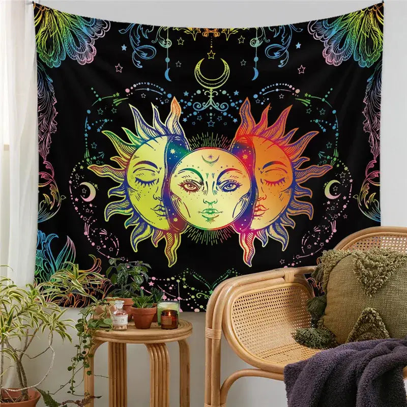 Vibrant rainbow-colored decorbites astrology chart tarot tapestry featuring three stylized sun faces on black background