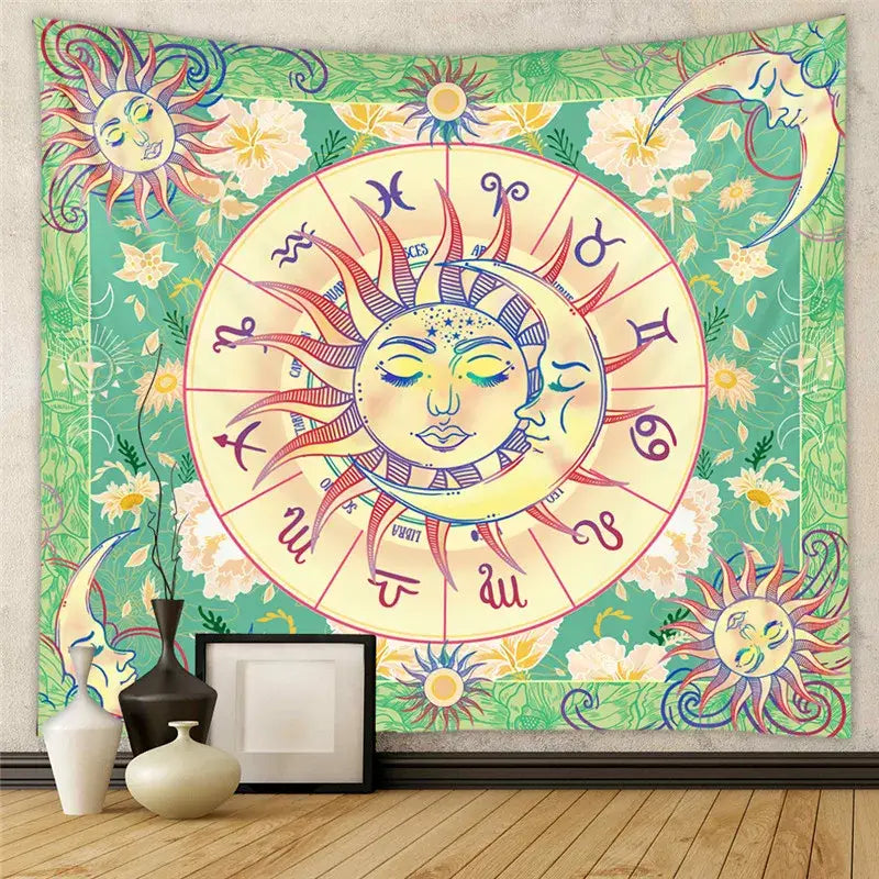 Vibrant green and yellow decorbites astrology chart tarot tapestry featuring a zodiac wheel with sun moon faces and floral patterns
