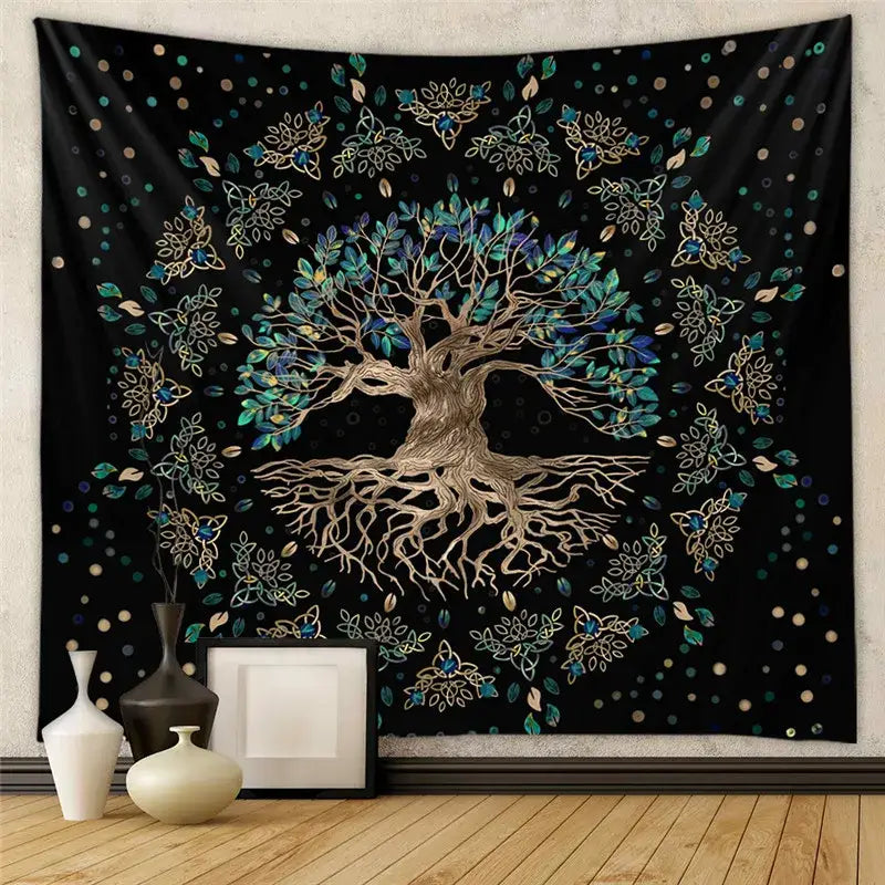 Black tapestry with gold tree of life and celtic knots for decorbites astrology chart tarot wall hanging
