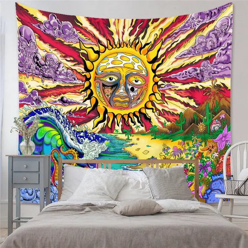 Vibrant decorbites astrology chart tarot tapestry featuring sun with face, swirling clouds, waves, desert, and cacti wall hanging