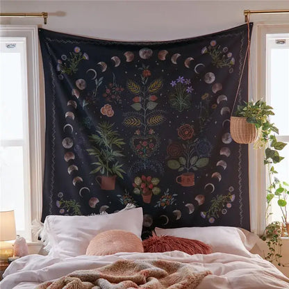 Dark blue decorbites astrology chart tarot tapestry featuring moon phases and intricate botanical patterns in muted earth tones