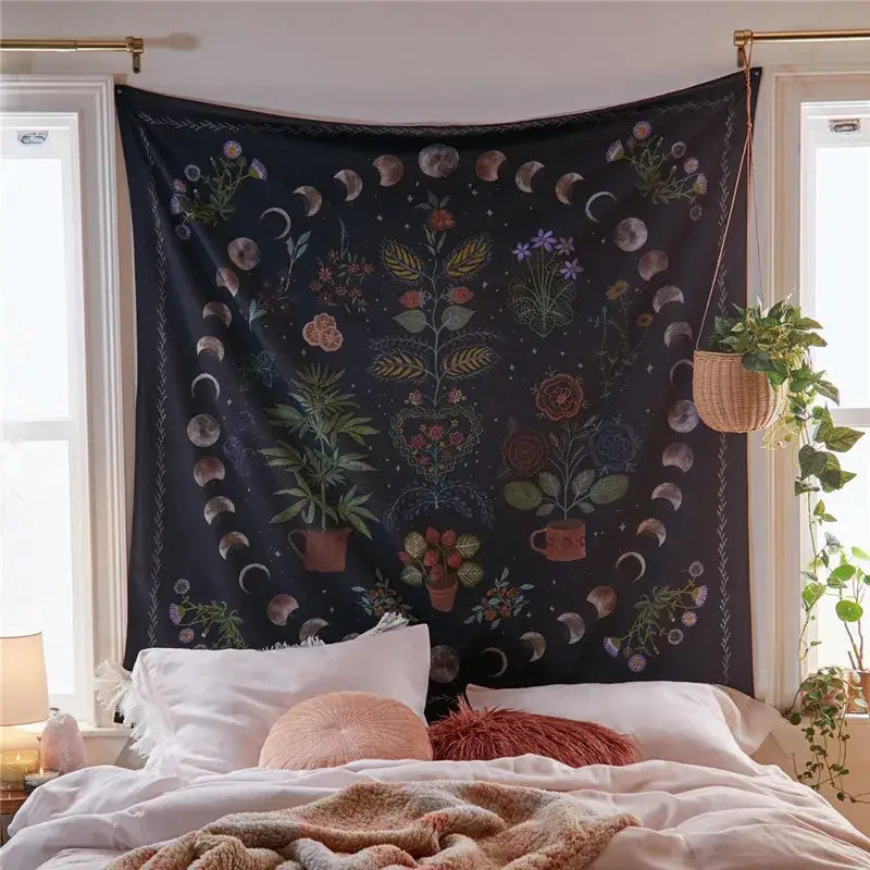 Dark blue decorbites astrology chart tarot tapestry featuring moon phases and intricate botanical patterns in muted earth tones