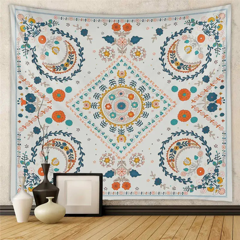 A vibrant decorbites astrology chart tarot tapestry featuring intricate floral and mandala designs in orange teal and blue