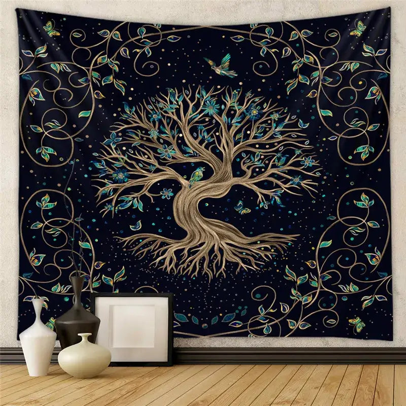 Dark navy decorbites astrology chart tarot tapestry featuring a golden tree of life with teal blossoms and birds
