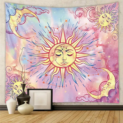 A vibrant pastel-colored decorbites astrology chart tarot tapestry featuring suns moons and cosmic stars