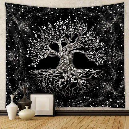 Decorbites astrology chart tarot tapestry featuring a black and white tree of life design on a starry background