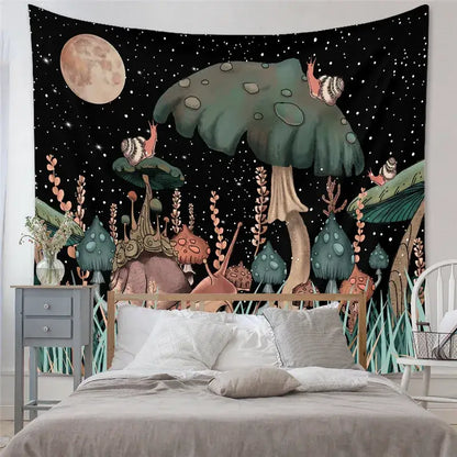 A whimsical black decorbites astrology chart tarot tapestry featuring a fantasy forest with mushrooms and moonlight