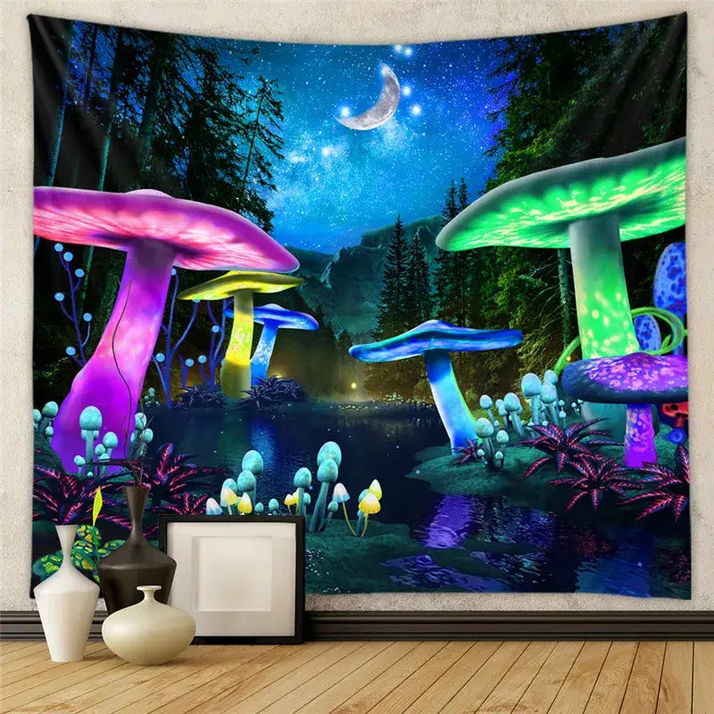 Vibrant decorbites astrology chart tarot tapestry with neon mushroom design under starry night and crescent moon