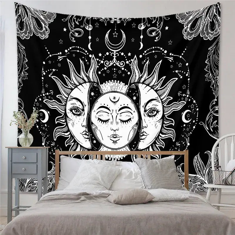 Black and white decorbites astrology chart tarot tapestry featuring celestial sun moon faces and intricate star patterns