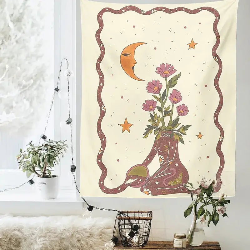 Cream-colored decorbites astrology tarot card tapestry with whimsical sleeping moon and pink flowers wall hanging decor