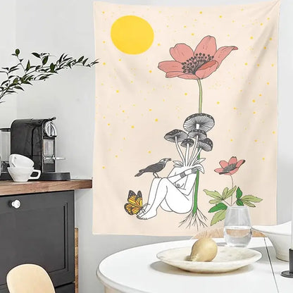 Beige DecorBites astrology tarot tapestry with whimsical figure holding mushrooms surrounded by flowers under sun