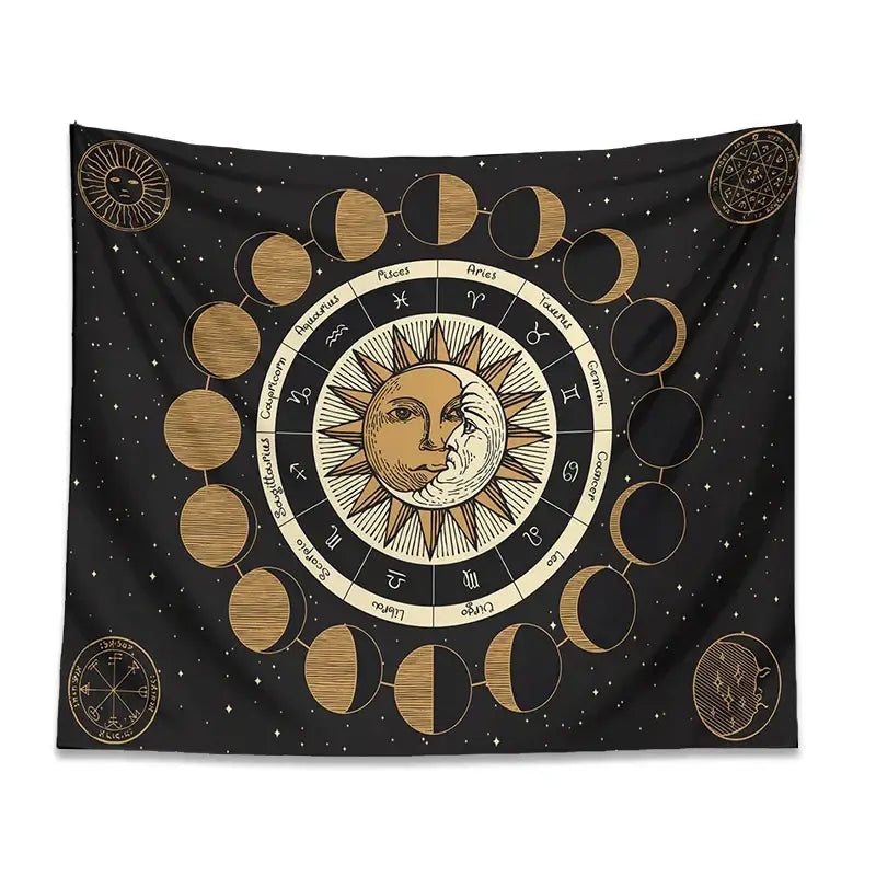 Black celestial decorbites astrology wheel tapestry featuring gold sun moon zodiac signs and moon phase on starry background