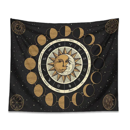 Black decorbites astrology wheel tapestry with moon phase sun and moon design gold accents on starry sky background