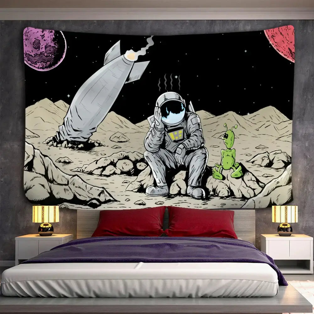 Decorbites astronaut alien tapestry wall hanging featuring gray astronaut green alien and rocket on black background with planets