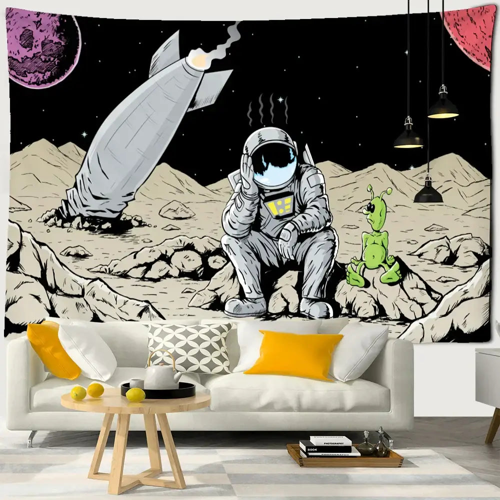 Black-and-white decorbites astronaut alien tapestry featuring cartoon astronaut alien and rocket on rocky planet surface