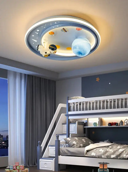 Circular ceiling light decorbites astronaut astros with blue and white tones illuminated planets stars and cartoon astronaut