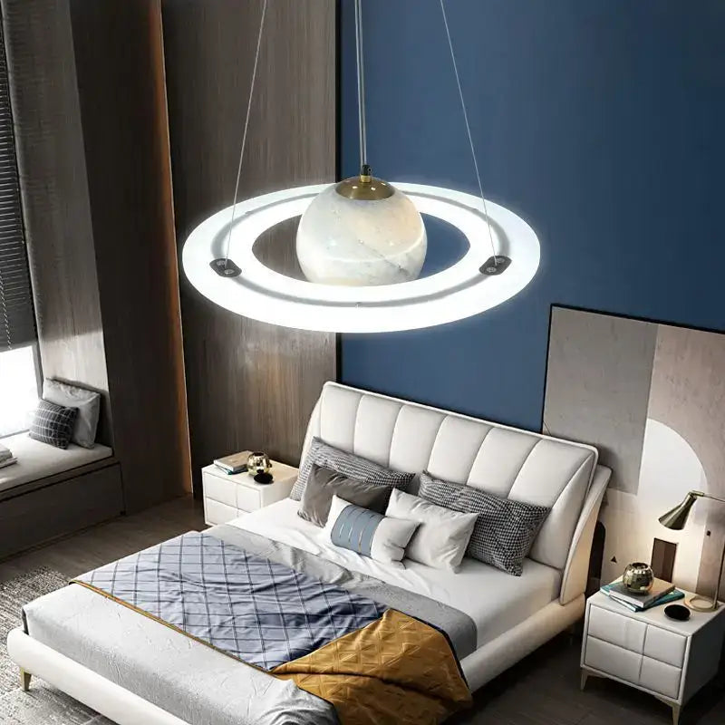 Decorbites astronaut ball led pendant light with white marble sphere and glowing acrylic rings for modern boys room decor