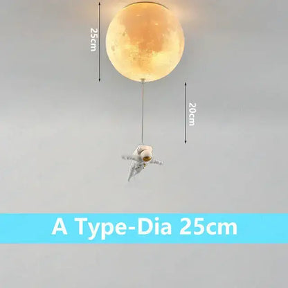 Warm glowing 25cm moonlight ceiling lamp with detailed surface and hanging astronaut figurine by decorbites astronaut bubble chandelier
