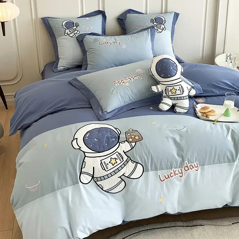 Decorbites astronaut cartoon bedding set in light blue 100% cotton with embroidered stars and lucky day text