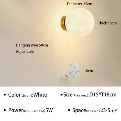 Decorbites astronaut cartoon wall lamp with white moon-like spherical shade gold base and adjustable hanging wire