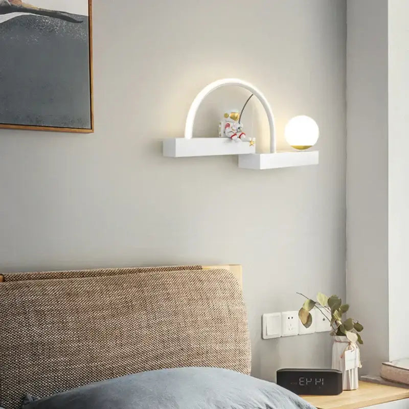 White arched decorbites astronaut cartoon sconce metal lighting with two shelves and warm spherical bulb for living room