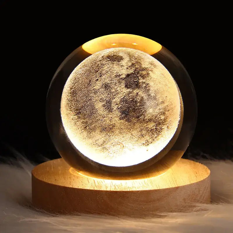 DecorBites™ glowing moon-shaped crystal ball night light with realistic craters in glass on wooden base usb powered