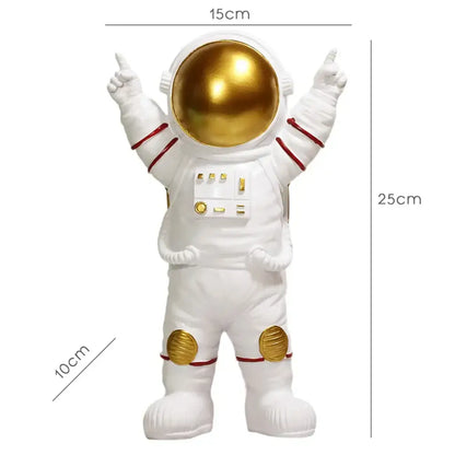 White astronaut figurine with shiny gold helmet and red-striped arms from decorbites astronaut figurines collection