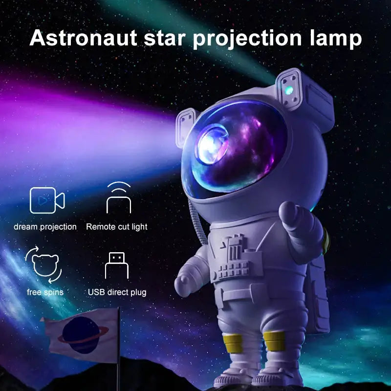 Decorbites astronaut galaxy night light projector lamp featuring white astronaut shape with glowing purple blue visor and yellow accents