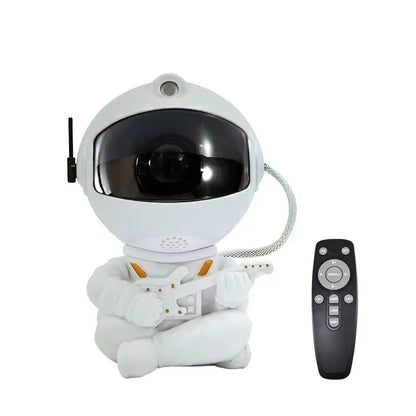 White decorbites astronaut galaxy starry sky night light shaped like a seated figure holding a guitar with black lens and antenna