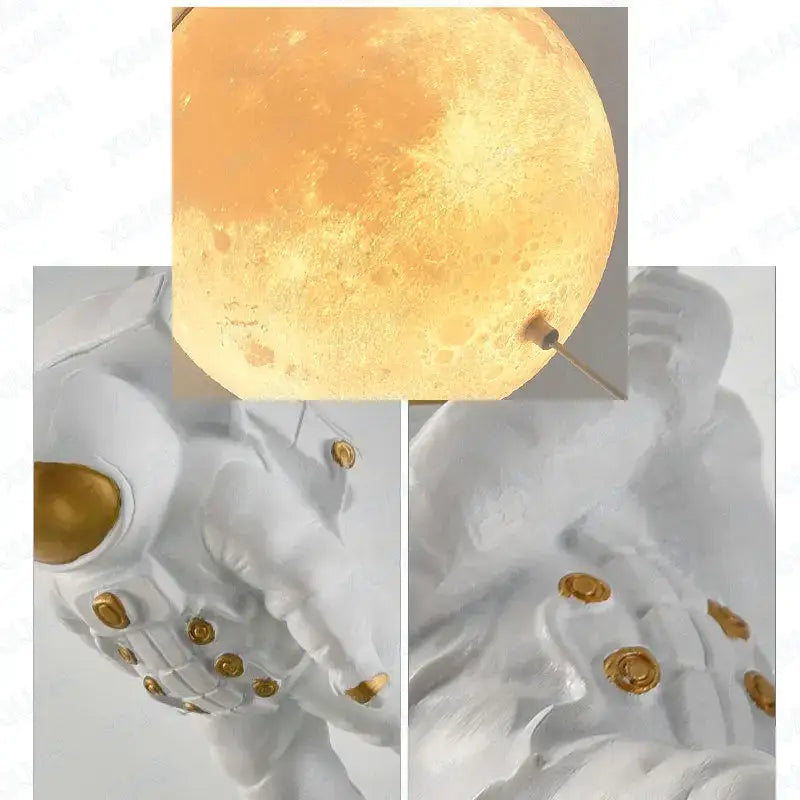 White astronaut figurine with gold accents holding a glowing moon lamp in decorbites astronaut globe ceiling light for kids room