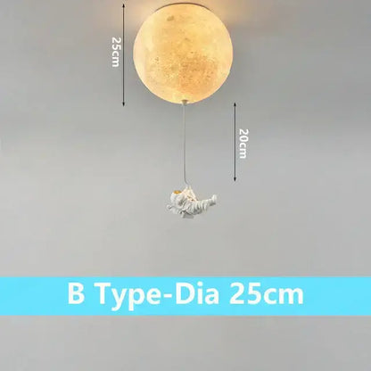 Warm textured golden moon-shaped ceiling light with white astronaut figurine hanging for kids room decorbites astronaut globe