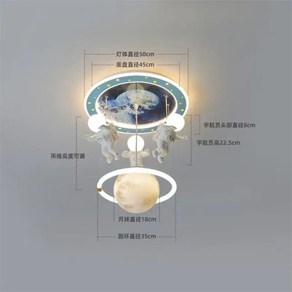 Decorbites astronaut led ceiling light featuring circular earth design with astronauts and moon orb in white plastic