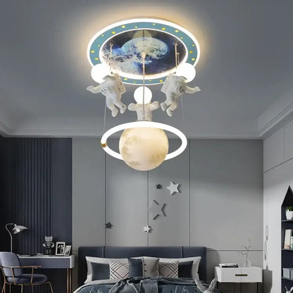 Decorbites astronaut led ceiling light features a circular earth and starry sky design with suspended white astronaut figures and a glowing moon ring