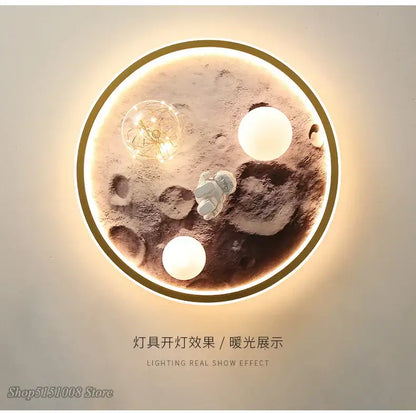 DecorBites astronaut led ceiling light with textured brown moon design, glowing orbs, and astronaut figurine for kids room