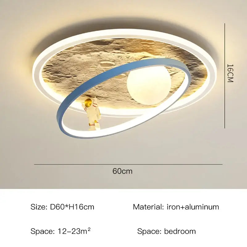 DecorBites astronaut led chandelier with white and blue rings and textured moon center featuring astronaut for children room
