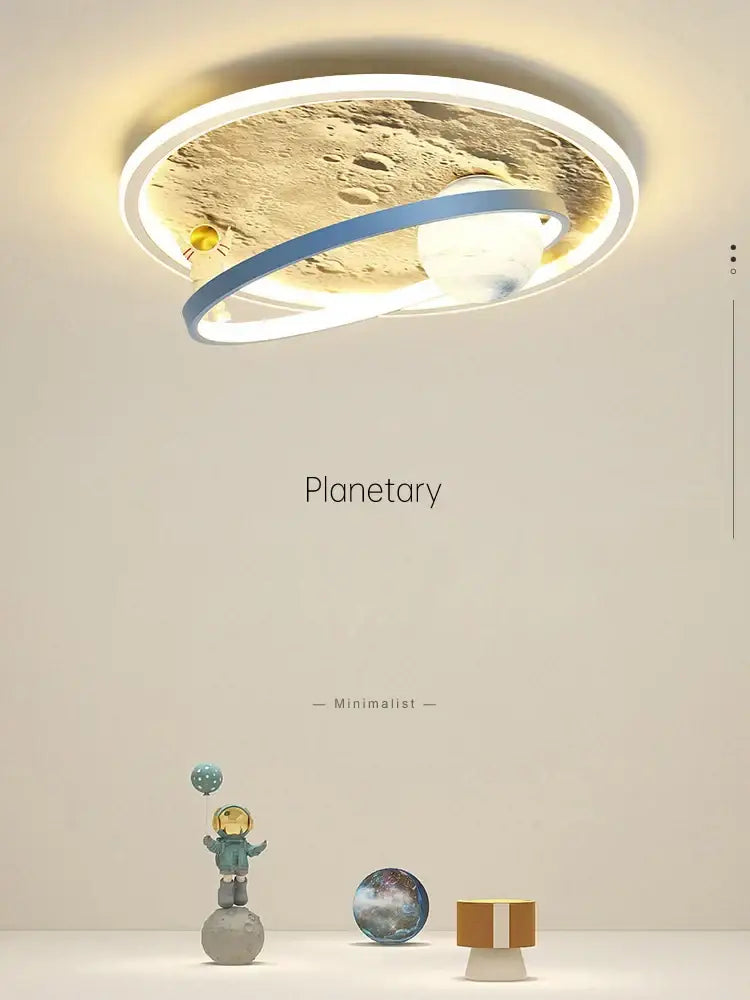 Circular decorbites astronaut led chandelier with moon textured surface, soft white led rings, and blue orbital band for kids room