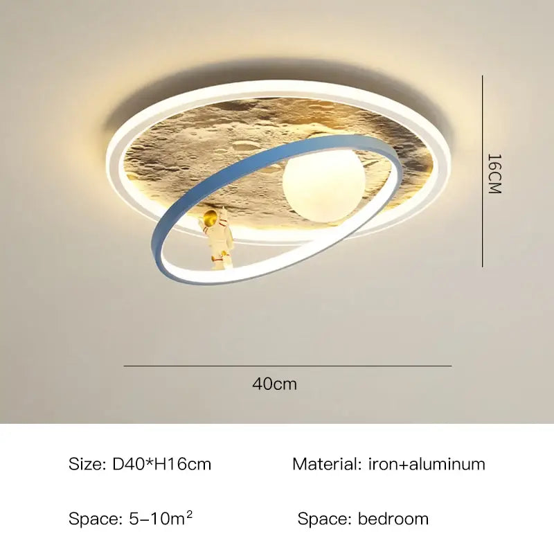 Modern decorbites astronaut led chandelier featuring metallic gold astronaut and planets with blue white rings for children rooms