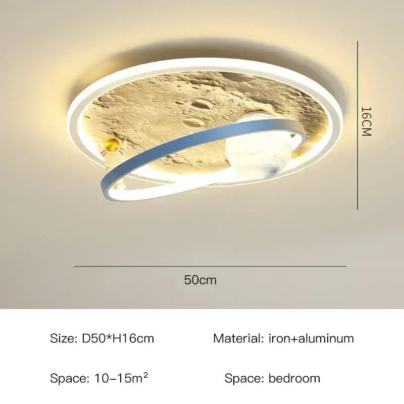 Circular decorbites astronaut led chandelier with moon-textured surface blue ring and white led trim for children room