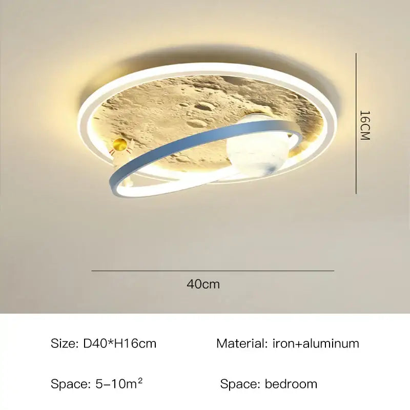 Circular decorbites astronaut led chandelier with moon-like texture, blue ring accent, and white led trim for kids bedroom