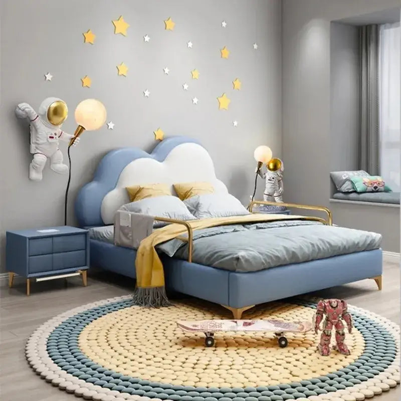 Blue cloud-shaped bed with white accents and gold metal frame shown alongside DecorBites astronaut led table lamp for kids room